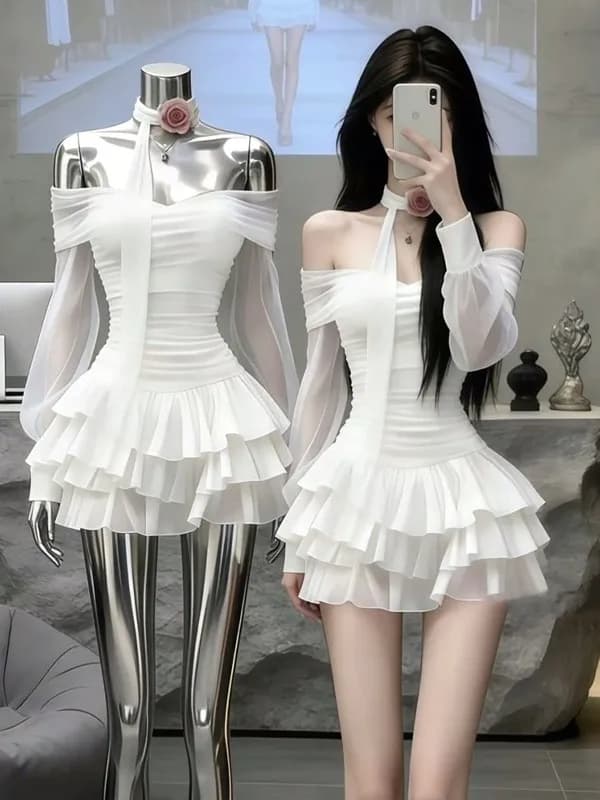Princess Style Long Sleeve One Shoulder Puffy Skirt Evening Gown Women's Spring New Cake Skirt Bouncy Dress Elegant Women's Wear