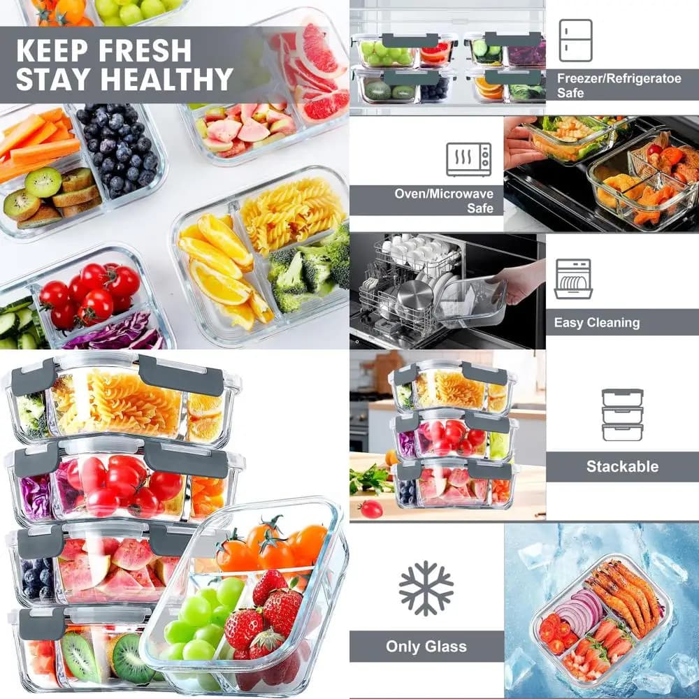 Contenitori per la preparazione dei pasti in vetro da 36 once a 3 scomparti, ermetici, microonde, forno, congelatore, lavabili in lavastoviglie, grigio