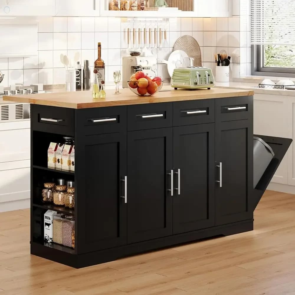 53'' Rolling Kitchen Island with Power Outlet, Drop Lea & Trash Can Storage, Large Island Cart on Wheels with Rubberwood Top, 4