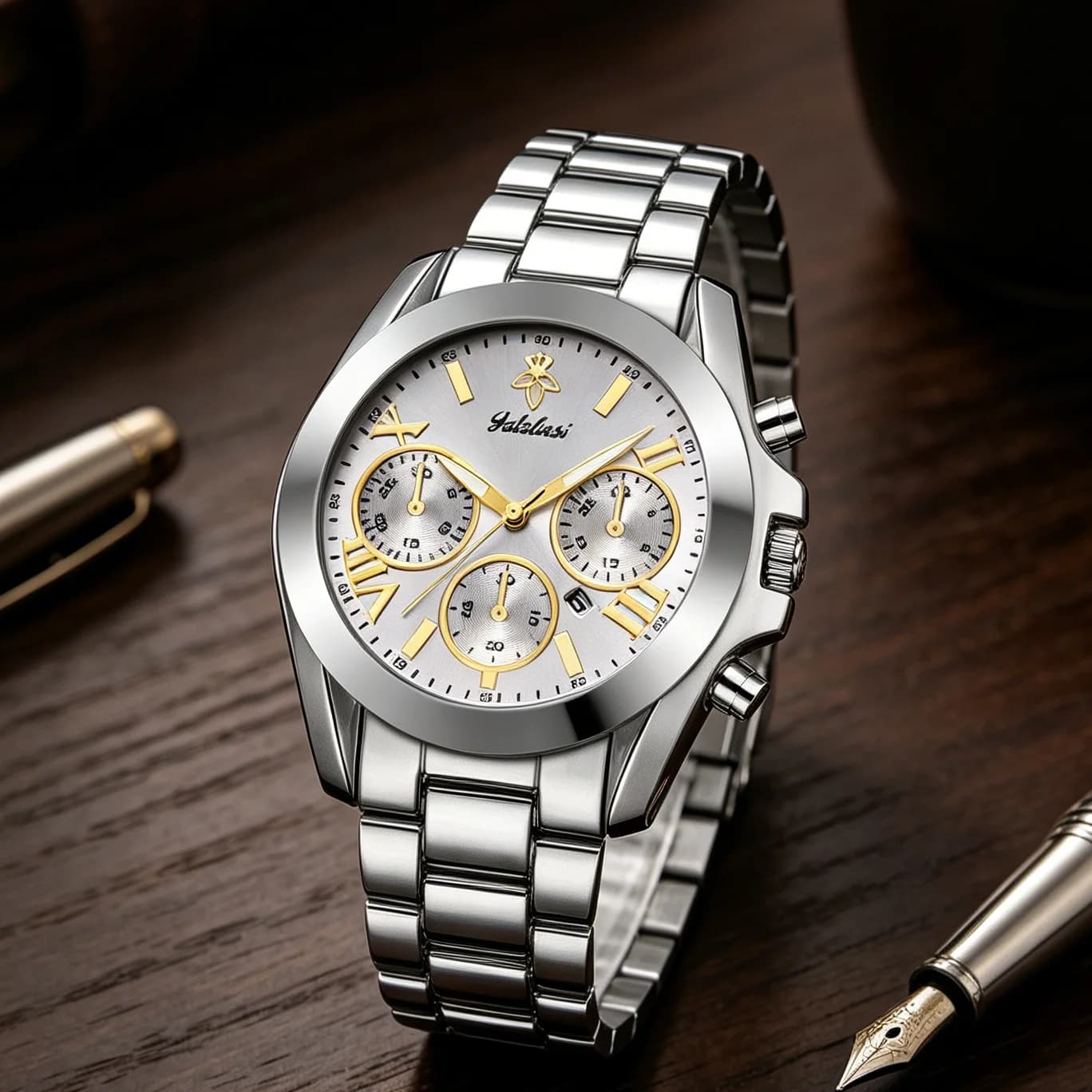 Orologio alla moda YaLaLuSi per uomo e donna, cronografo tono argento con quadrante bianco, orologio da polso sportivo al quarzo impermeabile, spedizione gratuita