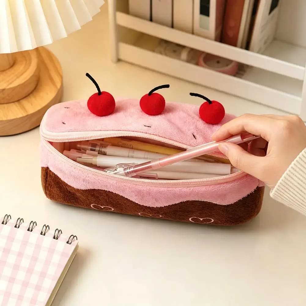 Cute 3D Cake Pencil Case Large Capacity Pen Bag Multifunction Stationery Bag Soft Plush Pen Case Zipper Storage Pouch for Girls