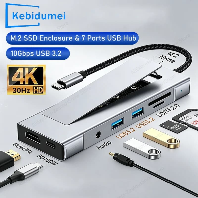 KEBIDUMEI Hub SSD M.2 USB C, Docking Station 8-in-1, da M.2 NVME PCIE SSD a HDTV 4K60Hz, Splitter Audio USB 3.2, Lettore SD/TF