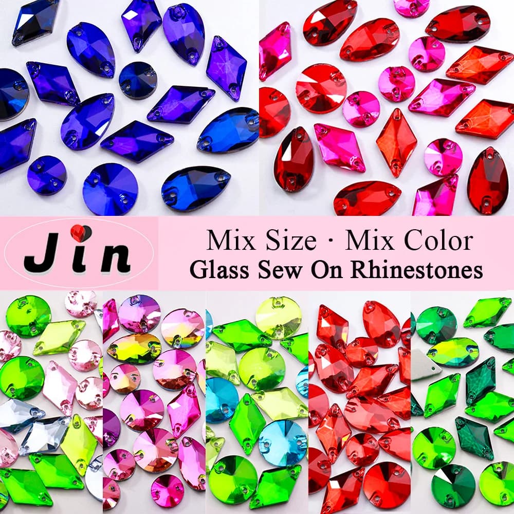 JIN 20/50/100 Pz Formato Della Miscela di Vetro Cucire Su Strass Glitter Cucito di Cristallo Pietre Parte Posteriore Piana Per I Vestiti Accessori abito da sposa