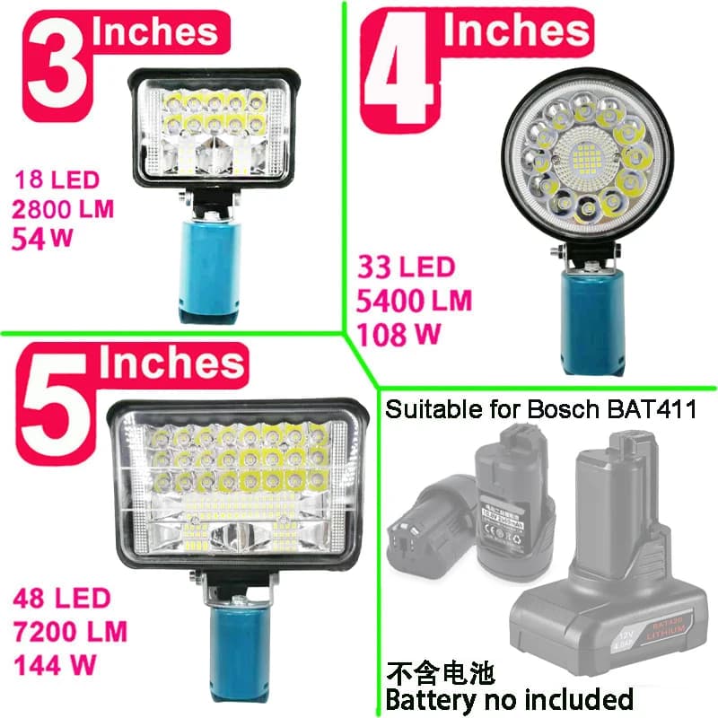 BAT411 Luci da lavoro a LED Torcia elettrica Faretto Torce BAT420 Lampada per Bosch 12V 10.8V Batteria agli ioni di litio Controllo Ceam alto e basso