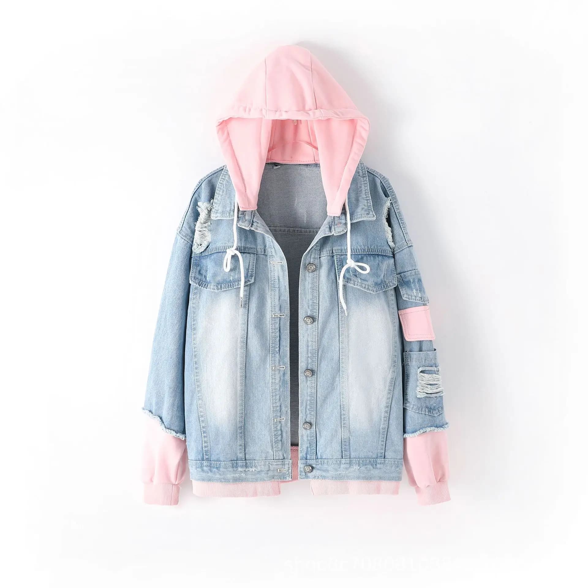 Women's Fashion European Style Hoodie Jacket Autumn Pink Blue jeans jacket with vests split single-breasted coat with hole