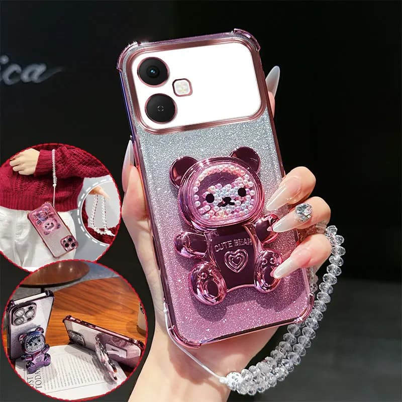 Cover per Telefono Antiurto a 4 Angoli con Simpatico Supporto a Forma di Orso 3D, Catena in Cristallo e Glitter Trasparente per Infinix Smart 20