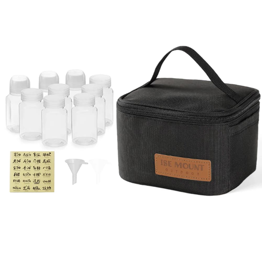 Set di 9 Barattoli Portaspezie Portatili con Tasca Laterale a Rete Integrata, Bottiglia per Liquidi/Filtro da 100ml con Imbuti/Adesivi
