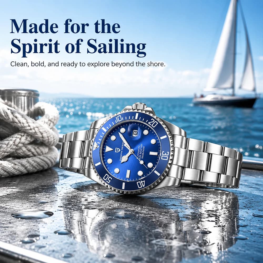 Orologio Meccanico Automatico di Lusso per Uomo, Impermeabile 100M, Luminoso Blu, Orologio da Polso Subacqueo, Sportivo, da Vela, Business + Scatola