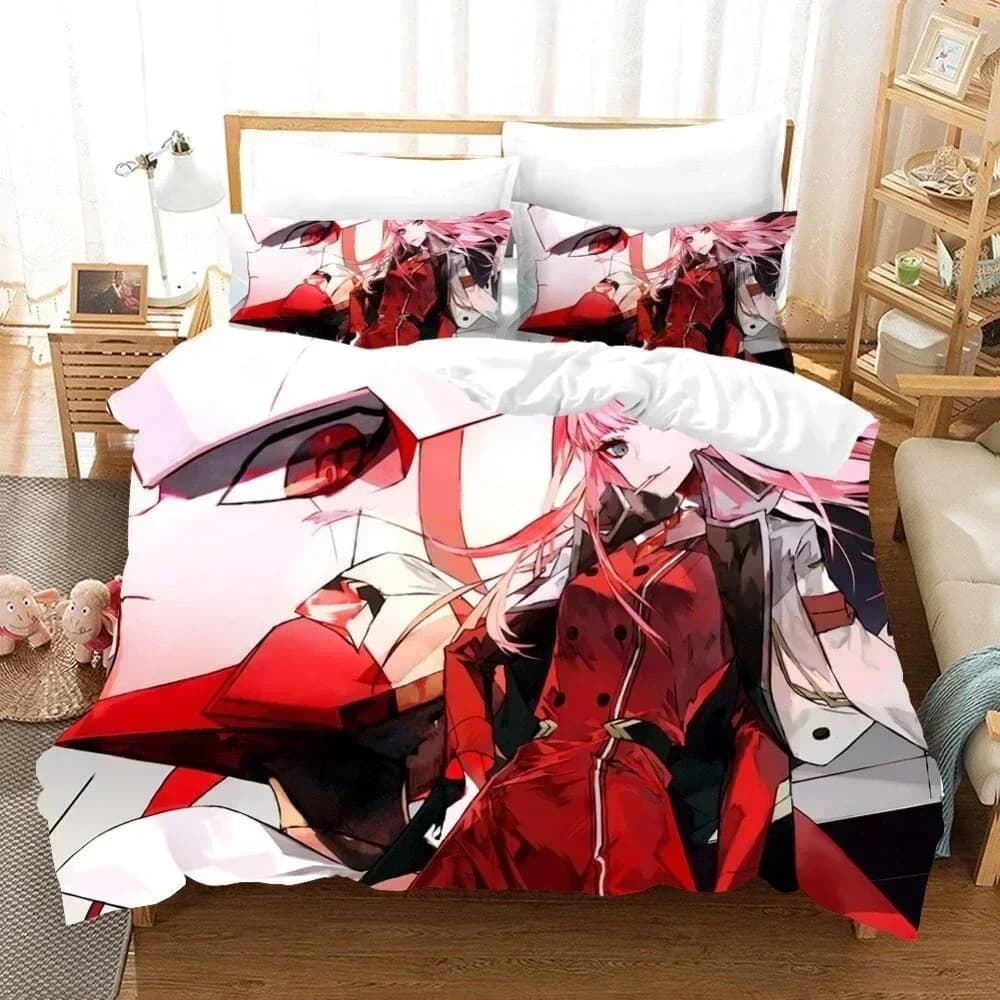 Set di Biancheria da Letto Anime Darling in the Franxx 02 Zero Two, Copripiumino, Lenzuolo e Federe Stampate, Misure Full, Queen, King, per Camera da Letto