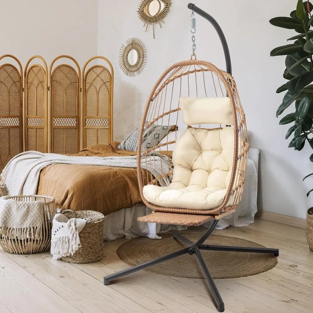 Hanging egg chair with support and footrest, egg rocking chair in wicker, aluminium-steel structure for interior and exterior and UV-resistant cushion
