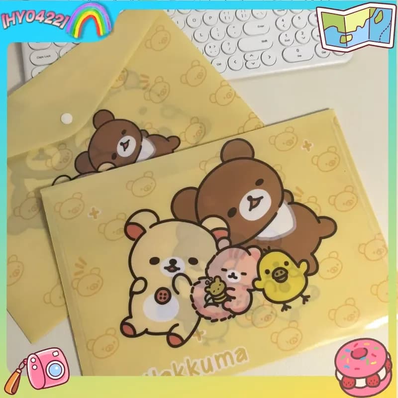 Rilakkuma Family A4 Borsa per documenti Chiusura con bottoni Custodia impermeabile per cartelle di file per studenti per documenti di prova