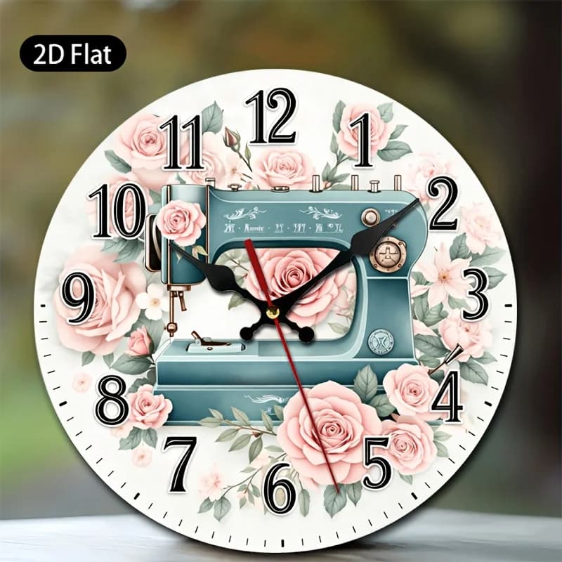 Orologio da parete piatto 2D, macchina da cucire vintage blu con rose rosa per soggiorno, camera da letto, studio, sala da pranzo, ufficio