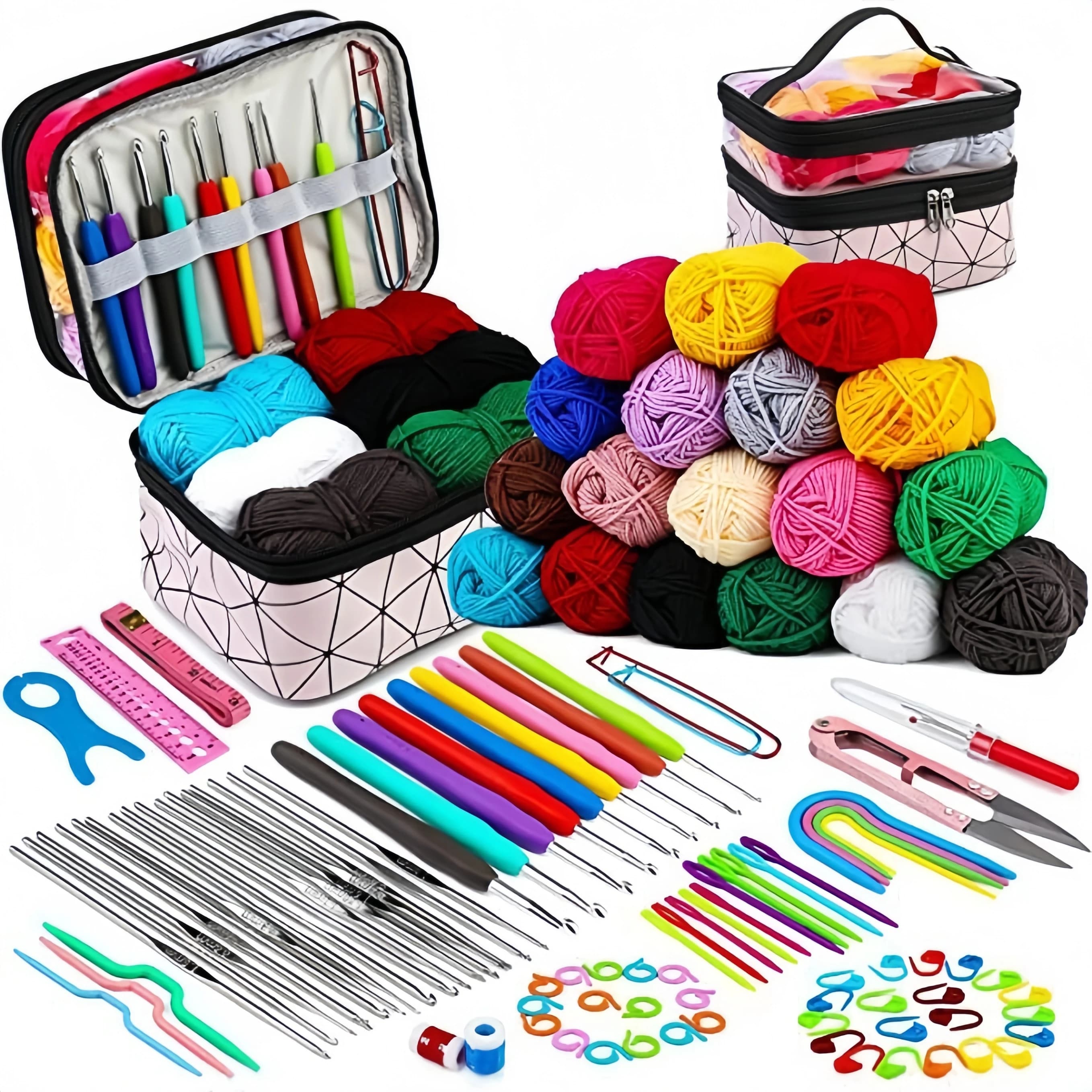 Set di 105 uncinetti, set completo di aghi e filo per lavori a maglia fai da te, inclusa borsa porta filati e uncinetti in TPR.