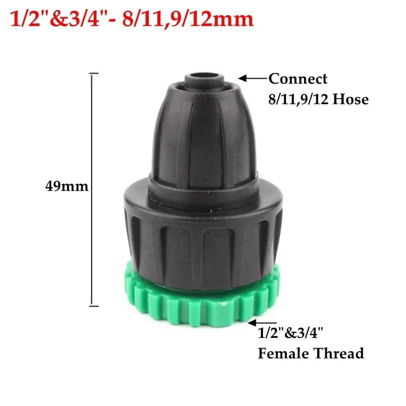 2 pcs 1/2 inch and 3/4 inch threaded PE irrigation fittings for garden hose splitting systems compatible with DIN standard tubin