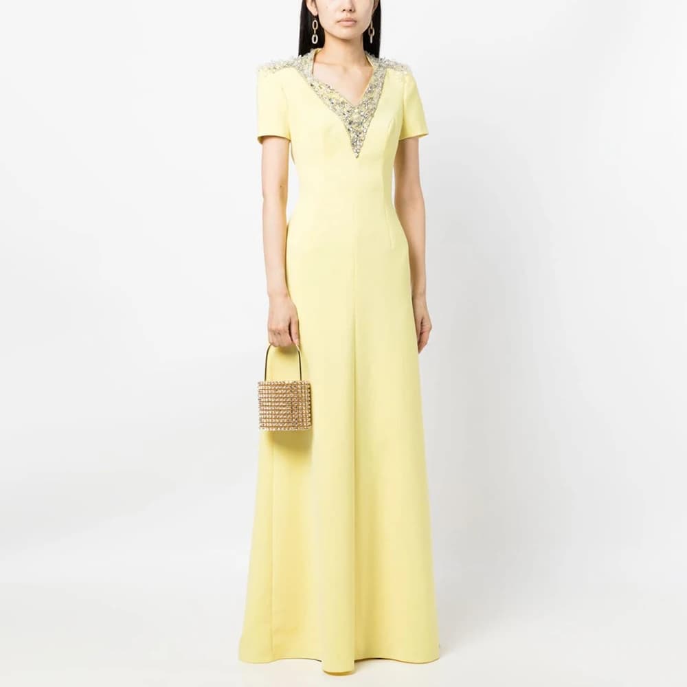 Abiti da Sera Personalizzati per Matrimoni e Feste, Vestito con Scollo a V in Cristallo, Linea A, Maniche Lunghe o Corte, Abiti da Sera Giallo Chiaro