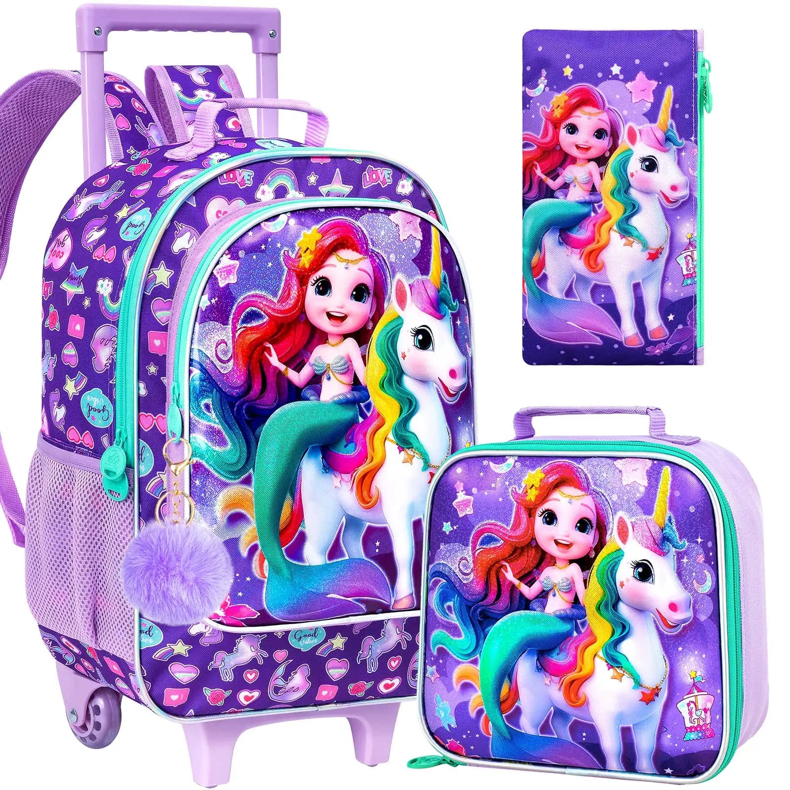 3Pcs Girls Mermaid & Unicorn Print Rolling Backpack Set, Wheeled School Bag with Handbag & Pencil Case for Kids Students