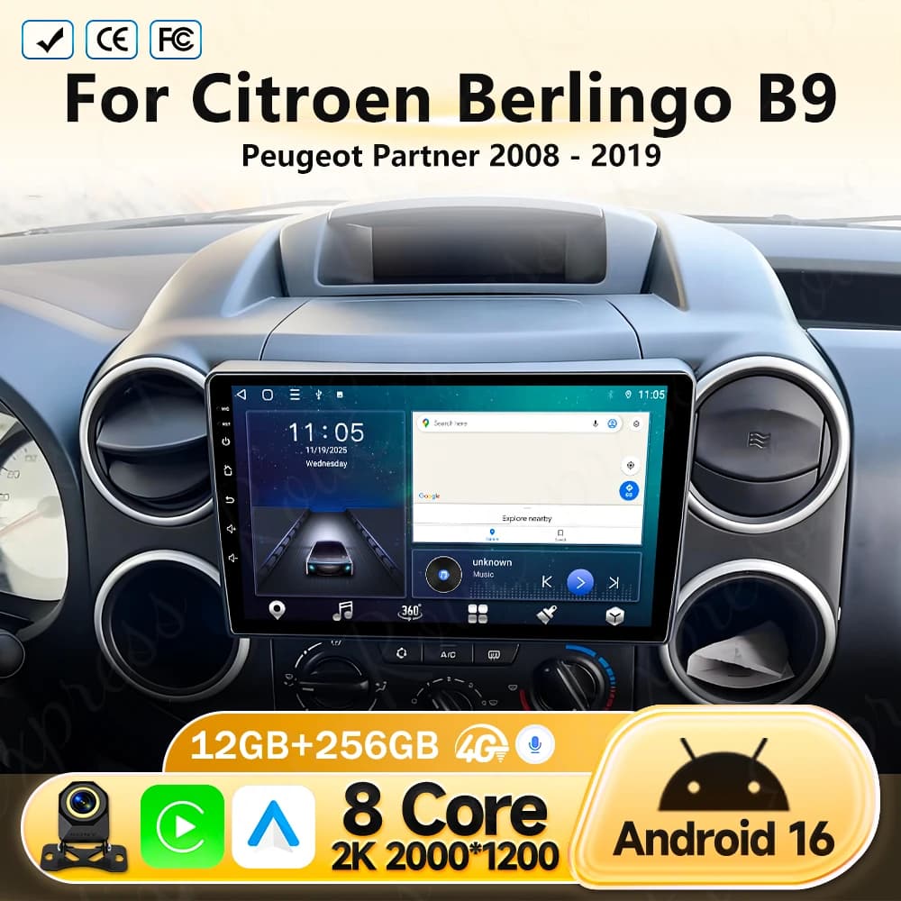 Autoradio Android 16 per Citroen Berlingo B9 Peugeot Partner 2008 - 2019 con CarPlay wireless e Android Auto, senza lettore DVD 2 din 2din