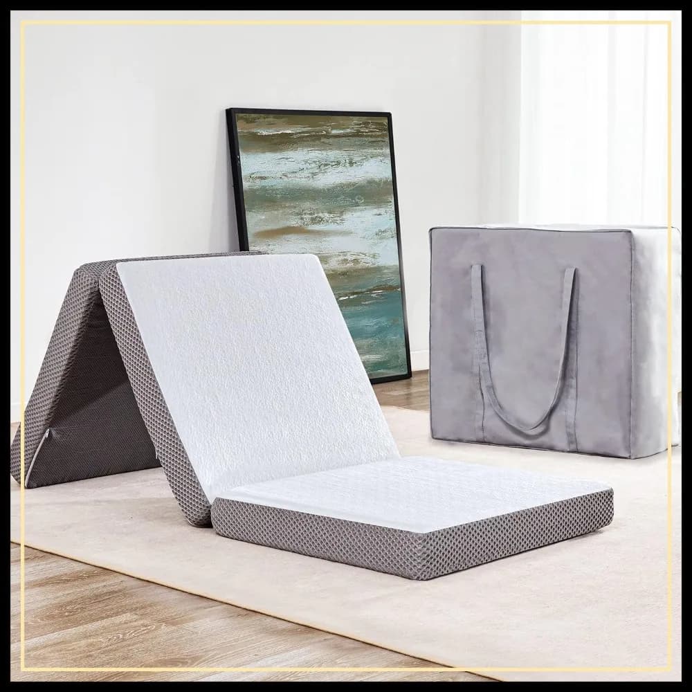 Materasso Pieghevole a Tre Pieghe in Memory Foam Gel da 3,8 Pollici, Traspirante e Portatile, per Dormire e Campeggio, con Borsa per il Trasporto, Grigio, Misura Lettino