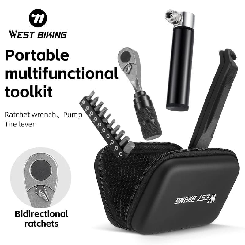 WEST BIKING Kit di attrezzi portatile Borsa per attrezzi di riparazione multifunzionale Kit chiave a cricchetto Leva per pneumatici Mini set di strumenti per pompa Accessori per bici