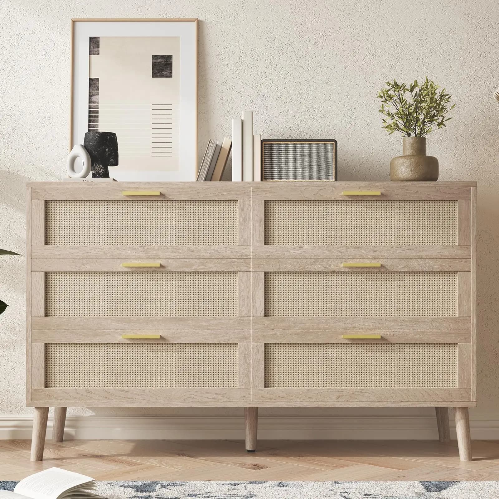 Cassettiera in rattan da 47,2 pollici con 6 cassetti, stile Mid-Century Modern, con maniglie dorate, cassettiera grande per camera da letto o ingresso