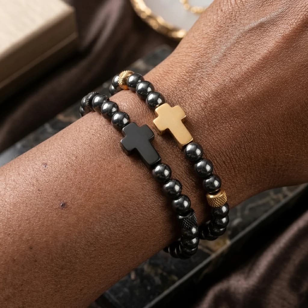 316 Stainless Steel Polished Cross Bracelet with Hematite Beads Handmade Braided Prayer Fitness Chain Unisex Couple Jewelry