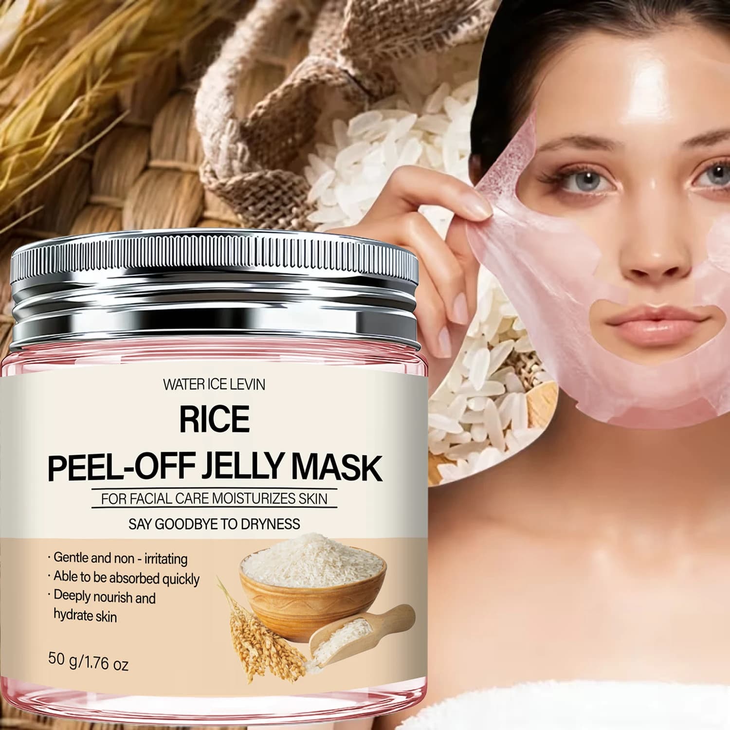 Rice peel-off gel mask with collagen, biotin and hyaluronic acid – Moisturizing face mask, firming and nourishing for all skin types