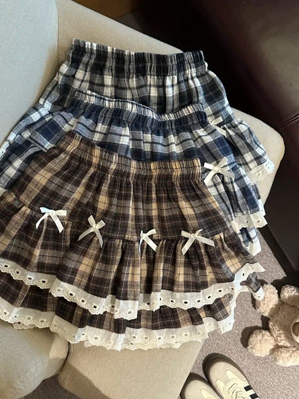 Retro Commuter Plaid Lace Trim Cake Skirt Women Summer Knot Puffy Short Sweet Cool A-Line Skirt High Waist