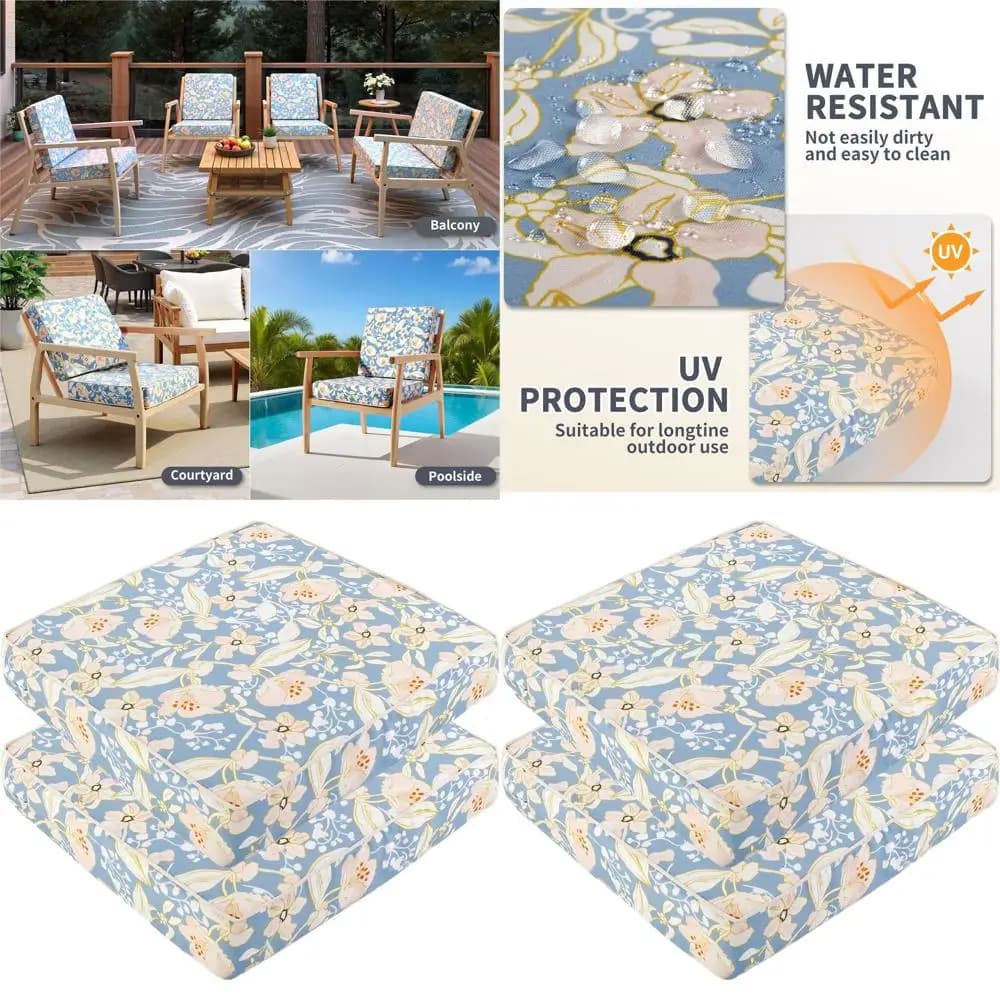 Set of 2 outdoor garden chairs cushions, 20x20x4 inch, waterproof with laces, blue floral pattern