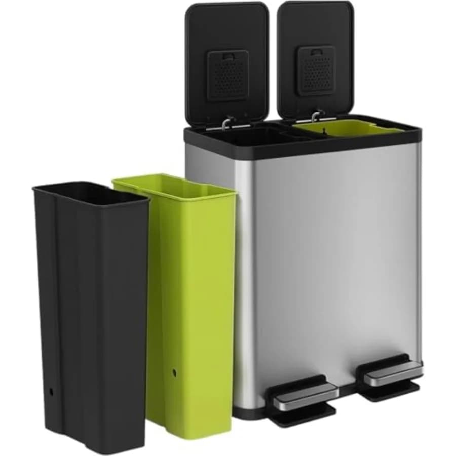 Pattumiera a doppio scomparto da 16 galloni per cucina - Bidoni per la raccolta differenziata da 30L x 30L con coperchi a chiusura rallentata e controllo degli odori, senza contatto manuale