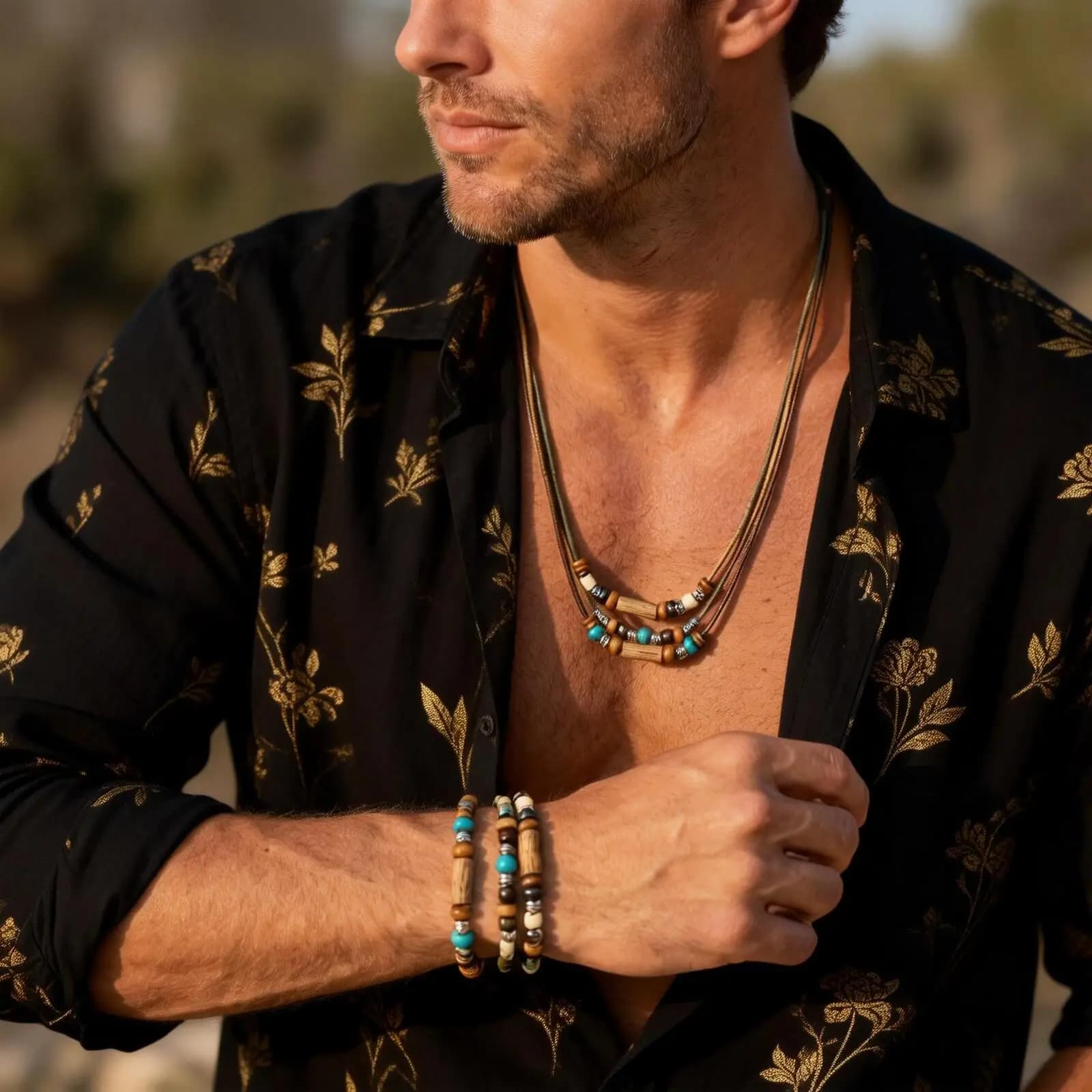Vintage Wood Beads Leather Necklace for Men,2pcs/Set Multi-layer Weave Collar Bracelet Jewelry Set Gift