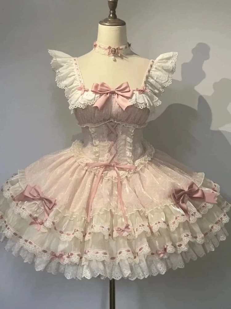 Abito elegante giapponese dolce Lolita Kawaii da donna Y2k design con fiocco principessa mini abito femminile in pizzo festa di compleanno abiti chic nuovo