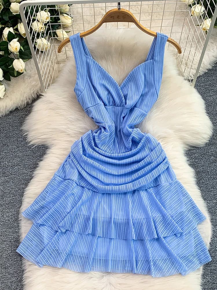 Abito Estivo da Donna Senza Maniche Sexy con Scollo a V Incrociato, Rete a Righe, Vita Stretta, Bordo Arricciato Elastico, Mini Vestito Corto Femminile DS431