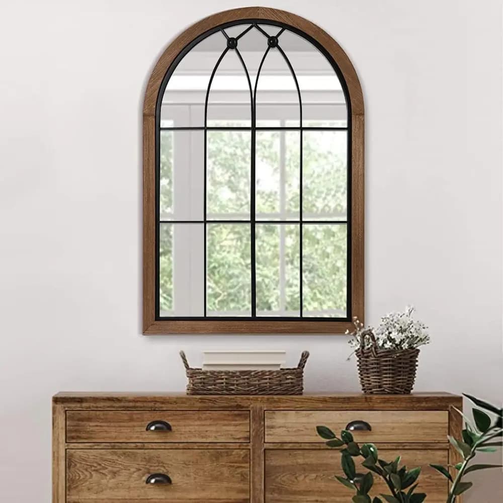 Grande Specchio da Parete Rustico Bianco/Marrone Stile Vintage a Forma di Finestra | Facile da Montare | Ideale per Bagno, Camera da Letto, Ingresso