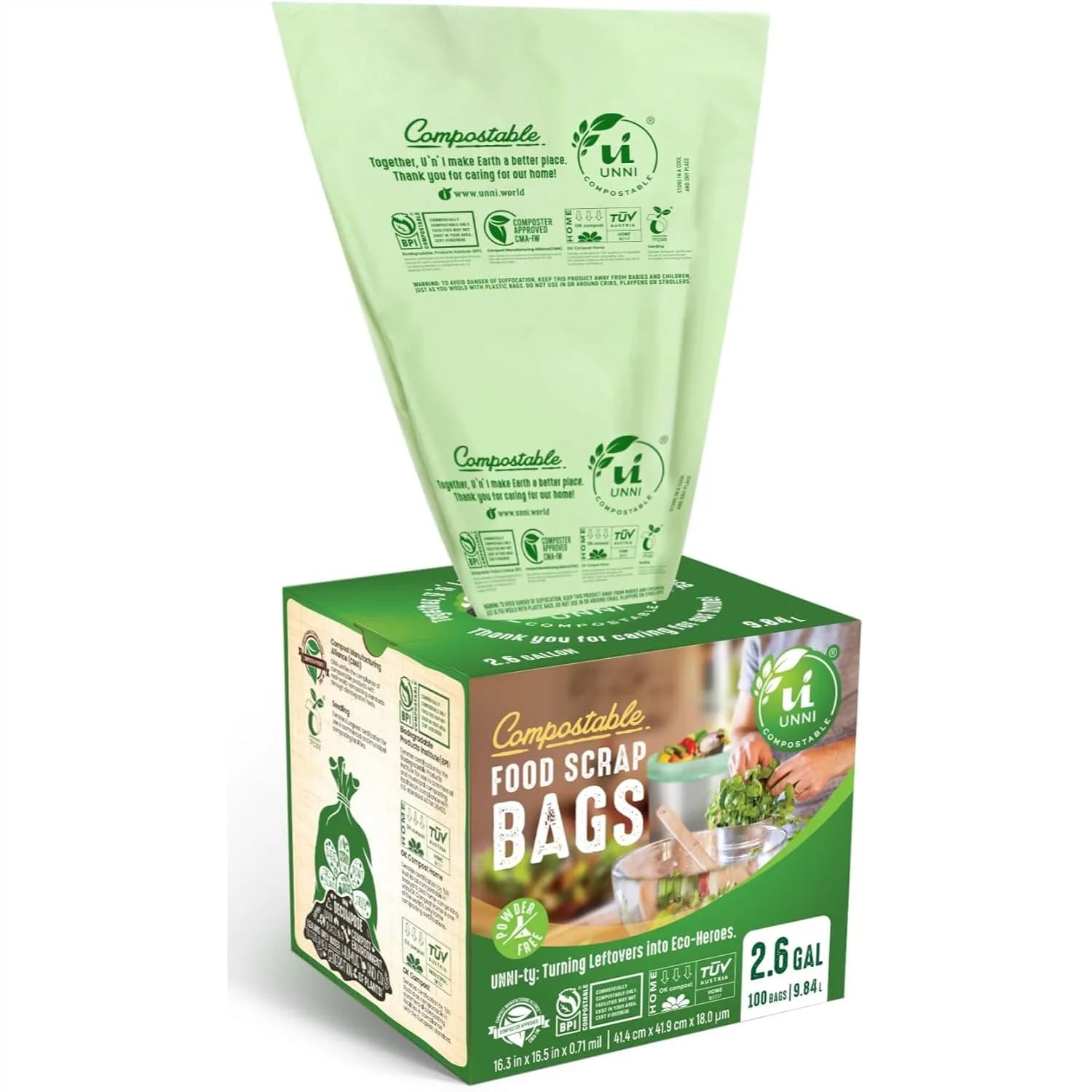 Sacchetti per Rifiuti Compostabili UNNI, 2,6 Galloni, 100 Pezzi, Extra Spessi 0,71 Mil, Sacchetti per Rifiuti Alimentari da Cucina per Casa e Cucina