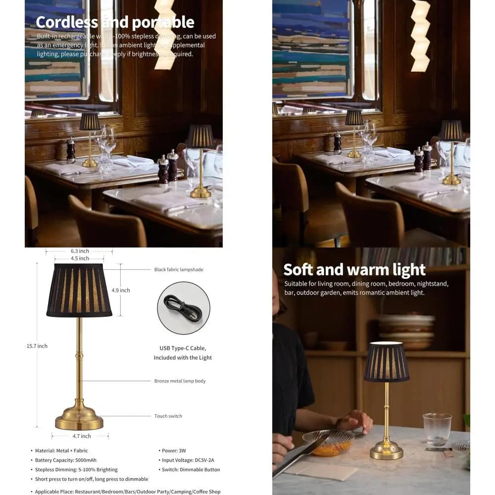 Set di 2 lampade da scrivania portatili con paralume in tessuto, batteria ricaricabile da 5000 mAh, luce dimmerabile per ambienti abitativi e uso notturno (Bla