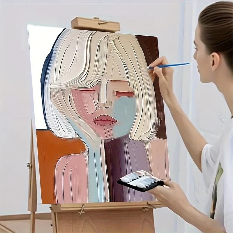 A Adult Paint-By-Numbers Kit for Professional Art Use, Featuring Acrylic Paints, a Canvas, Three Brushes, And an Instruction Man