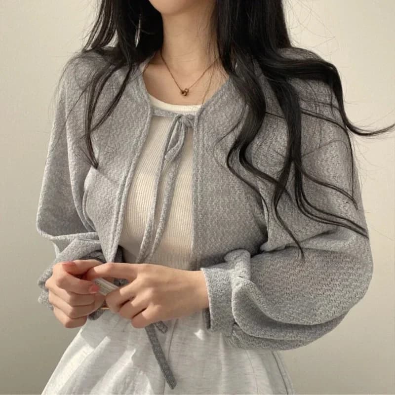 Cardigan Sottile Bianco da Donna Estivo con Protezione Solare, Maglia Lavorata a Maglia con Lacci, Top Casual Stile Coreano con Maniche a Lanterna, Corto e Protettivo dal Sole