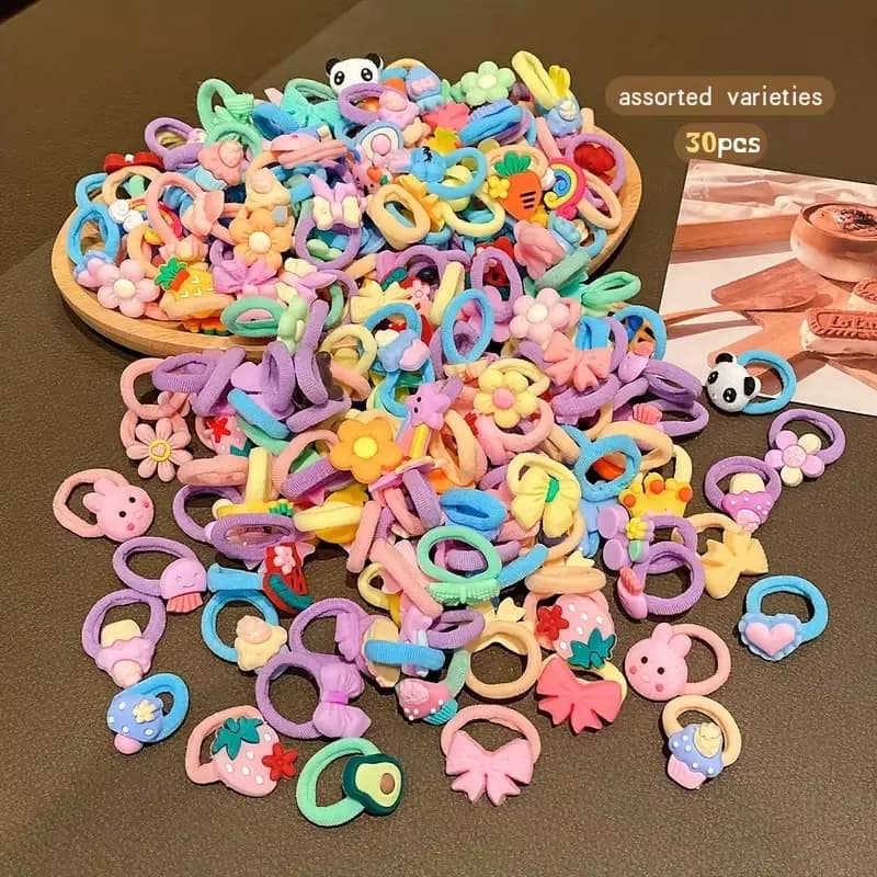 Assorted Cute Cartoon Kids Hair Ties (30-Pack) - Colorful Elastic Hair Bands