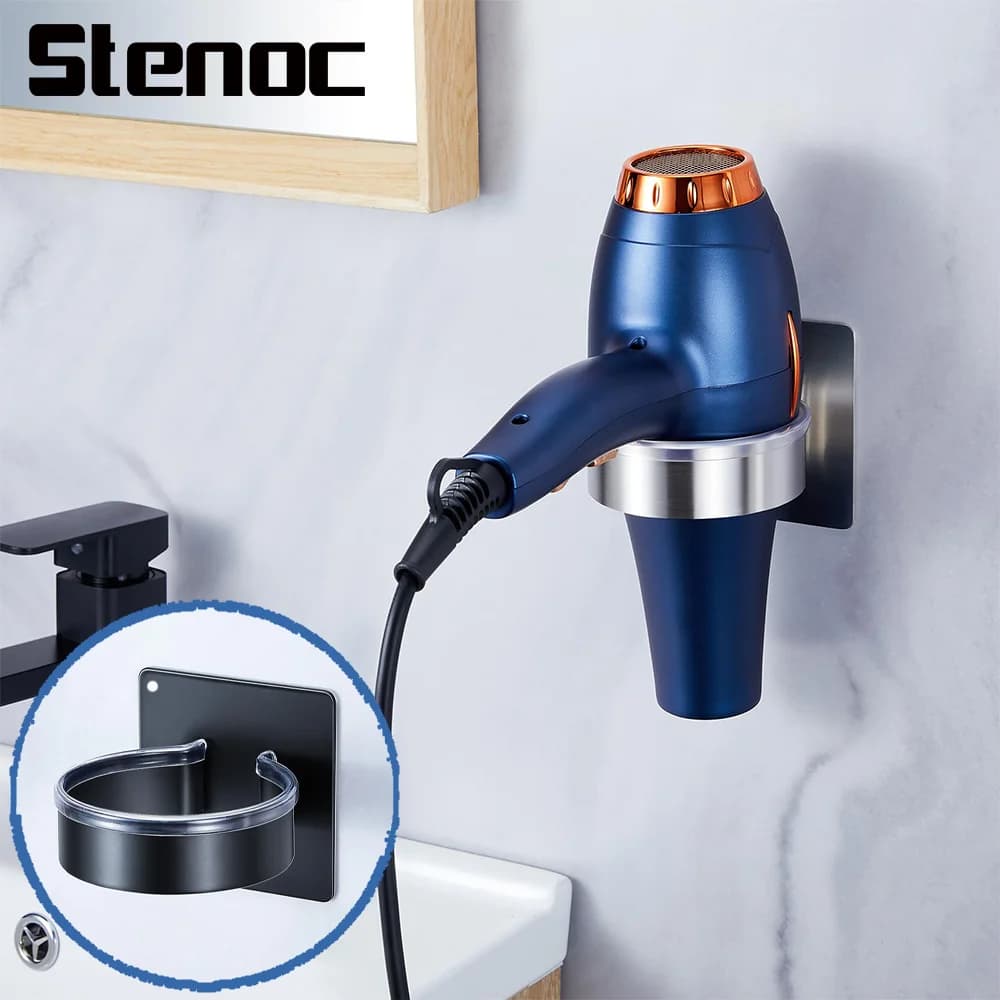 Black/Silver Aluminum Wall Mounted Self-Adhesive Hair Dryer Rack Bathroom Hair Straightener Storage Holder Hair Tool Organizer