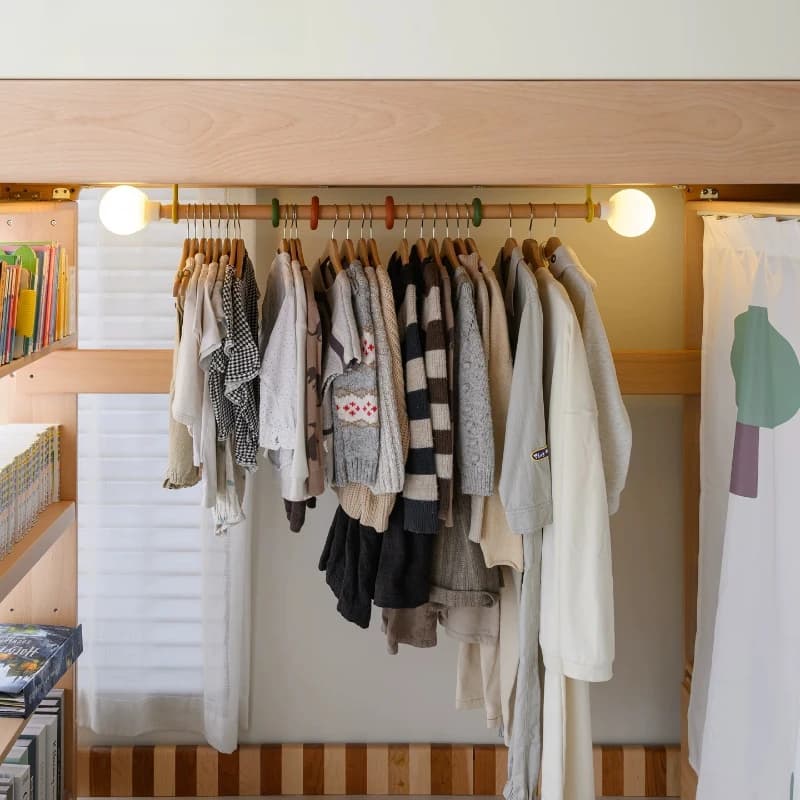 M Bean Shaped Clothes Rack: Half-height bed hanger with adjustable hanging rod underneath, pure beech wood hanger