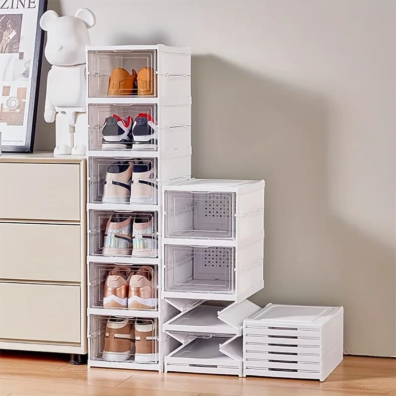 Scatola Porta Scarpe Trasparente a 6 Strati, Impilabile e Antipolvere, Armadio Pieghevole per Scarpe Sportive