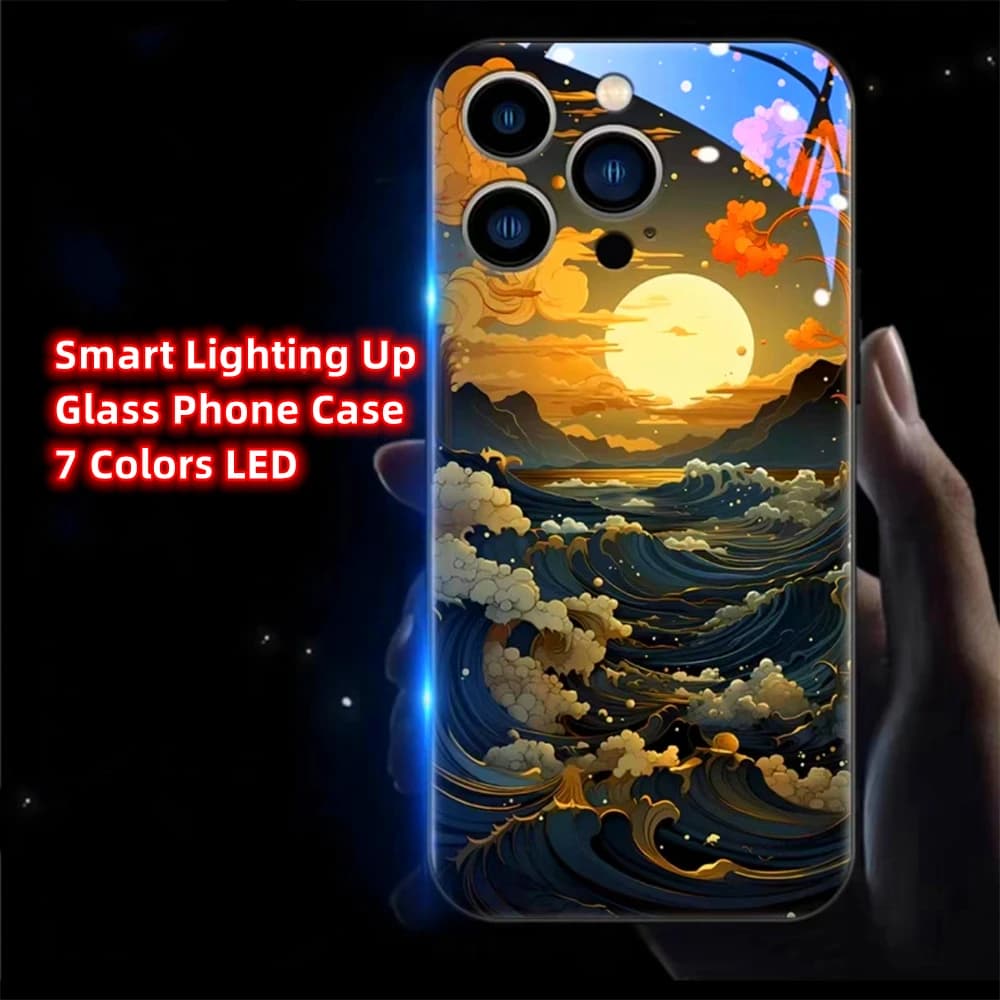 Custodia per telefono in vetro temperato con design Tramonto sul mare e luce LED intelligente per iPhone Air 17 16 E 15 14 13 12 11 Pro Max Plus