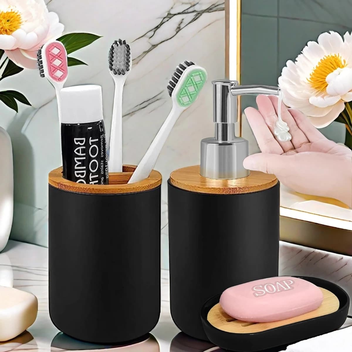 4pcs Bathroom Set Hands Soap Dispenser Toothbrush Holder Soap Box Rinsing Cup Bathroom Accessories Home Supplies