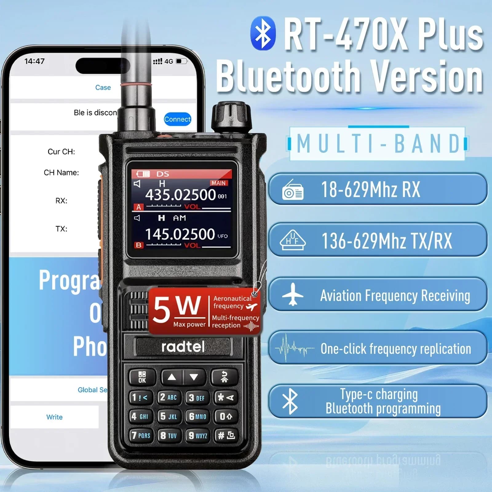 Radtel RT-470X Plus Bluetooth Ham Walkie-talkie 256CH Air Band Stazione radio bidirezionale Aviazione NOAA Polizia Marine Ricetrasmettitore