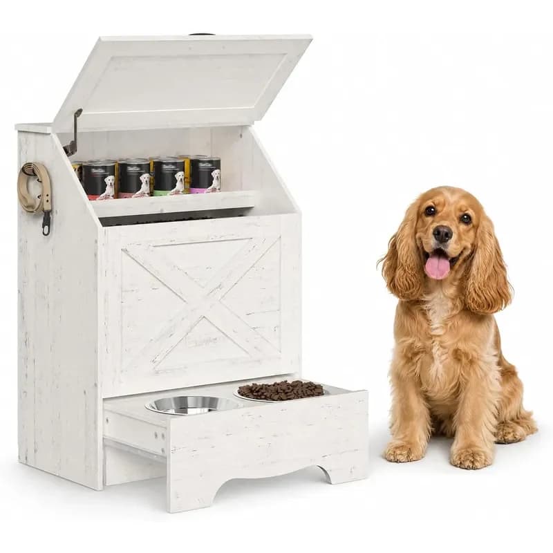 Dog Feeding Station with Sliding Drawer and 2 Hidden Bowls Pet Feeding Station with Flip Up Door Dog Food Storage Cabinet