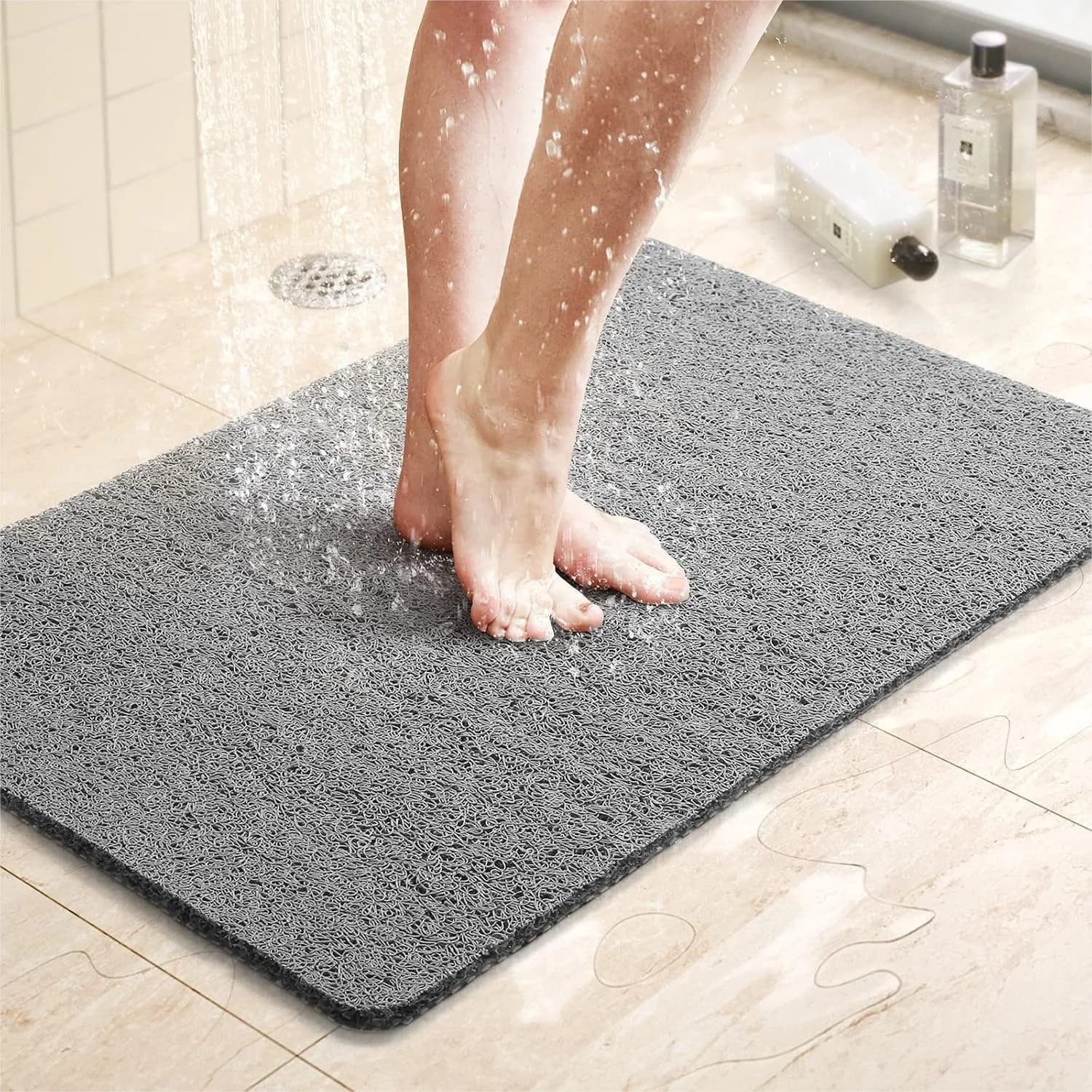Non-Slip Shower Mat 24x16 Inch with Drain Holes, Quick Dry PVC Loofah Bathmat for Tub and Bathroom, Grey