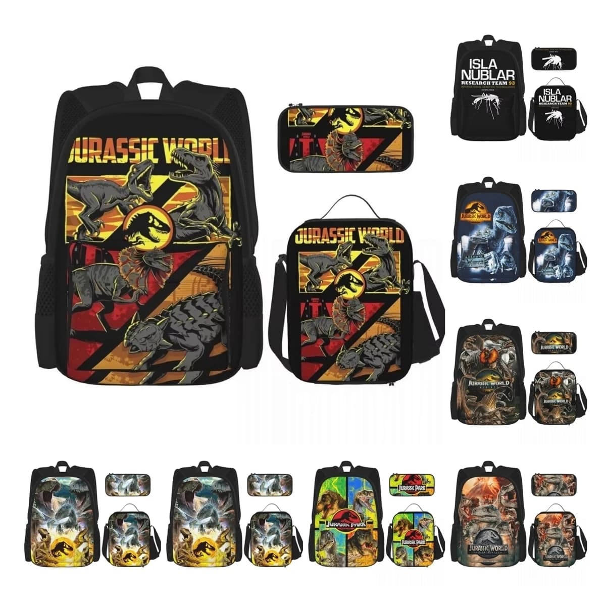 Jurassic World Cartoon Dinosaur 3pecs/set Zaino per studente Zaino Borsa per il pranzo Astuccio