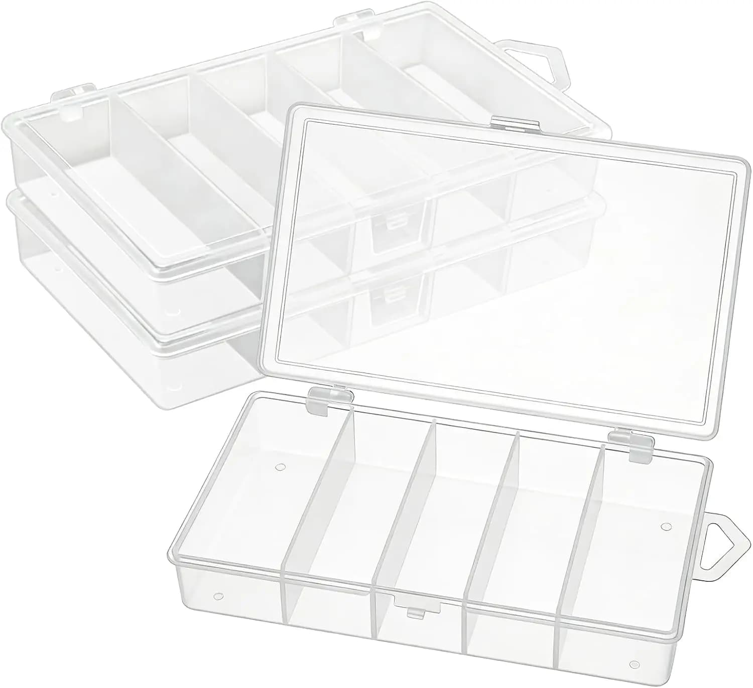 Pack of 3 transparent plastic boxes for fishing gear with 5 compartments, bait containers, hooks, 7x4,3x1,2 inch