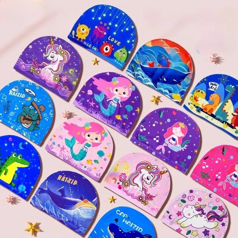 1Pc Kids Cartoon Animal Print Fabric Swim Cap Soft Stretch Breathable Hat For Boys Girls Pool Beach Essentials Accessories
