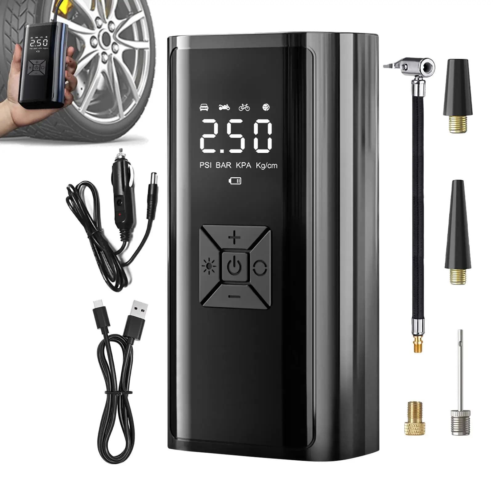 Compressore d'aria portatile da 120W per gonfiaggio pneumatici auto, attrezzatura per palloni da basket, pompa intelligente per autisti, SUV, berline, camper, biciclette